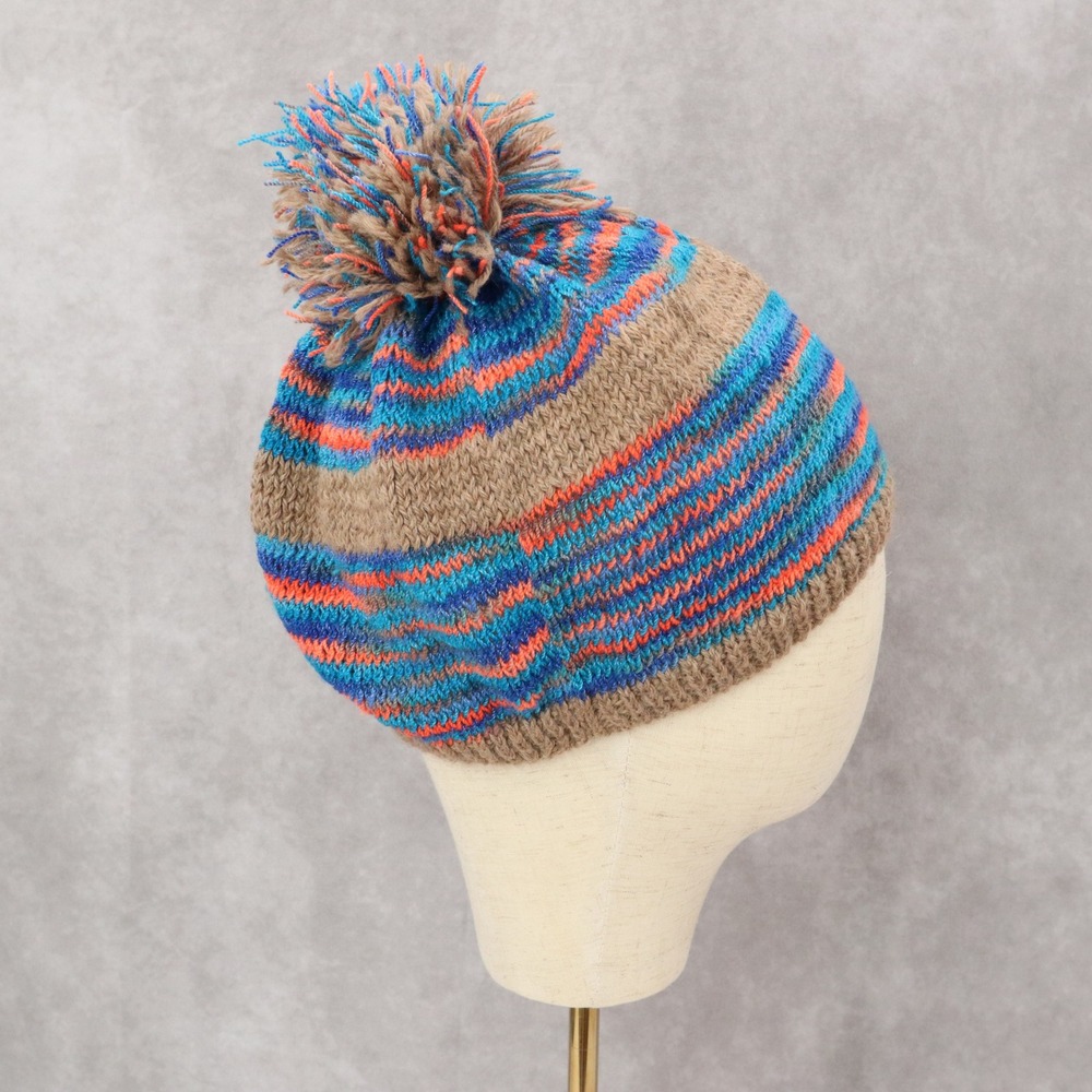 Brown Crochet Multi Color Cable Knit‎ Pom Pom Y2K Vintage Beanie Cap Hat